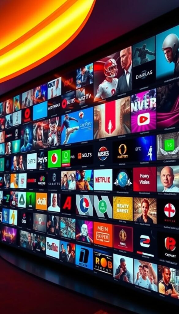 A large, vibrant display of a diverse array of live IPTV channels, showcasing the premium quality and vast selection offered by the Hoxtoon Provider service. The image depicts a sleek, futuristic interface with crisp, high-definition channel icons arranged in a grid, illuminated by warm, ambient lighting that creates a welcoming and immersive atmosphere. The channels cover a wide range of genres, from news and sports to movies, entertainment, and more, reflecting the unrivaled library of over 21,000 live channels available to users. The overall composition conveys a sense of abundance, sophistication, and the promise of an exceptional viewing experience.