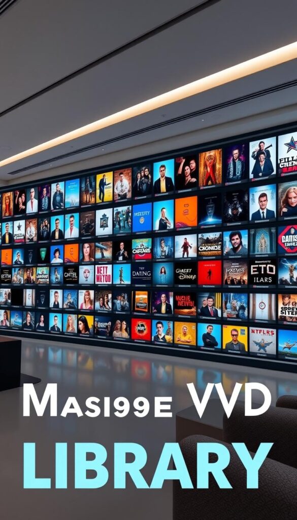 A large, well-organized VOD library with rows of movie and TV show thumbnails displayed on high-resolution screens. The background is a modern, sleek interior with subtle lighting, clean lines, and a minimalist aesthetic. In the foreground, a Hoxtoon Provider logo is prominently featured, indicating the vast selection of on-demand content available through this leading IPTV service. The overall scene conveys a sense of abundance, quality, and technological sophistication, perfectly reflecting the "Massive VOD Library" section of the article.