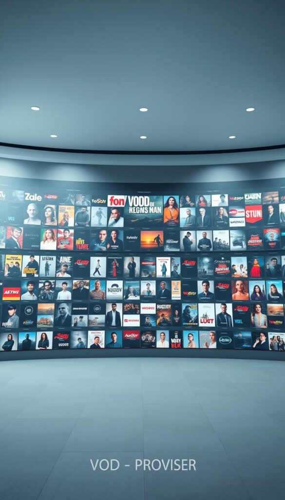 A large, well-organized library interface showcasing the extensive video-on-demand (VOD) content offered by the Hoxtoon Provider. The main focus is a sleek, modern UI with a central grid of thumbnails representing the diverse selection of movies, TV shows, and documentaries. The interface has a minimalist, clean aesthetic with a neutral color palette of grays, whites, and blacks, allowing the content thumbnails to pop. The lighting is bright and even, creating a sense of openness and clarity. The camera angle is positioned slightly above the UI, providing an overview of the layout and highlighting the depth and breadth of the VOD library. An ambient glow emanates from the background, subtly suggesting the vast digital catalog available to users. The overall mood is one of sophistication, professionalism, and the promise of endless entertainment options.