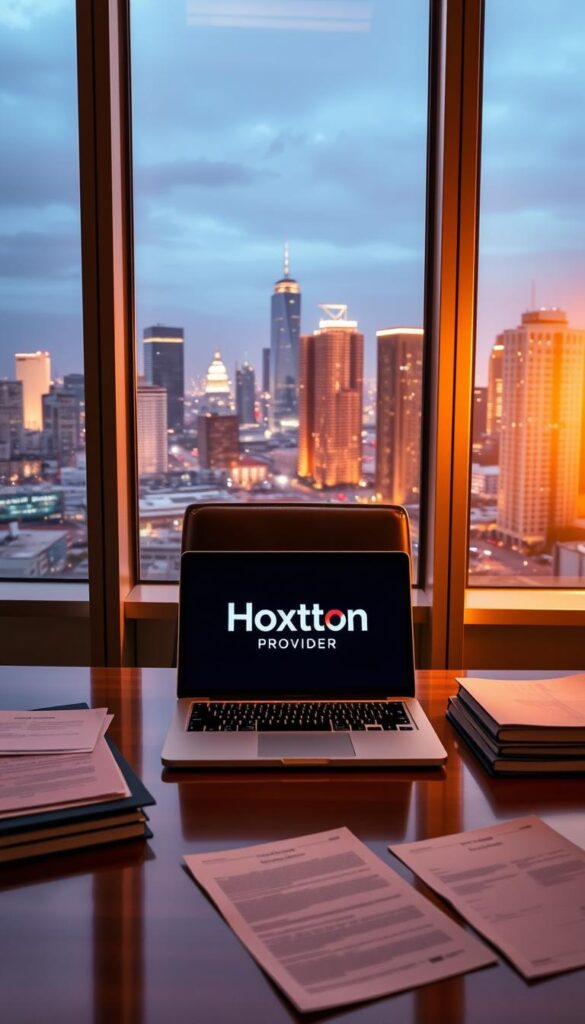 A legal consultation office with a large window overlooking a city skyline. On the desk, a laptop displays the Hoxtoon Provider logo. Papers and files are neatly arranged, conveying a sense of professionalism. Warm, directional lighting illuminates the scene, creating a contemplative atmosphere. The lawyer's chair is positioned in the foreground, inviting the viewer to imagine a discussion about the legal implications of IPTV services. The background features cityscape with high-rise buildings, suggesting the broader context of technology and modern business.