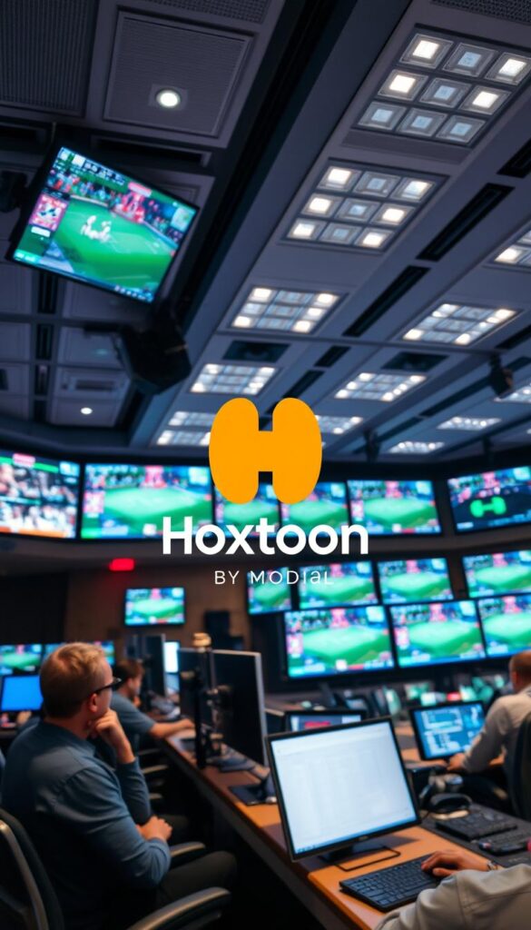 A live sports streaming event, with the Hoxtoon Provider logo prominently displayed in the foreground. The scene is set in a modern, high-tech media control room, with numerous screens and consoles displaying real-time sports data and video feeds. The lighting is crisp and evenly distributed, creating a sense of professionalism and efficiency. The camera angle is slightly elevated, giving a bird's-eye view of the action, showcasing the scale and complexity of the live streaming operation. The atmosphere is one of excitement and anticipation, as the Hoxtoon team works seamlessly to deliver a high-quality, uninterrupted sports viewing experience to their customers.