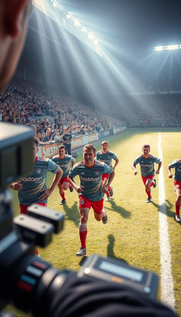 A lively soccer match in full swing, captured through the lens of a high-quality camera. The players sprint across a meticulously manicured pitch, their jerseys emblazoned with the "Hoxtoon Provider" logo. Vibrant lighting bathes the scene, casting dynamic shadows and highlights on the athletes' muscular frames. The crowd erupts in cheers, their energy palpable even in the still image. The camera angle emphasizes the tension and intensity of the moment, drawing the viewer into the heart of the action. A sense of exhilaration and anticipation permeates the atmosphere, reflecting the thrill of live sports streaming.