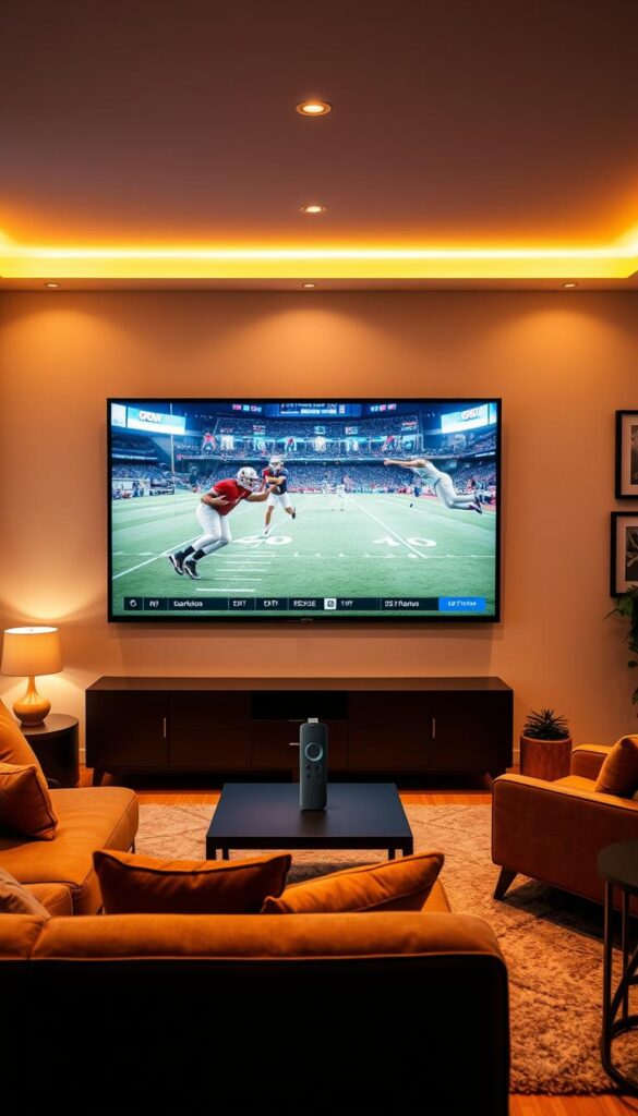 A living room interior with a large, high-definition TV screen displaying a sports event. The TV is connected to a sleek and modern Firestick device, the Hoxtoon Provider logo prominently displayed. Warm, diffused lighting illuminates the space, creating a cozy and immersive atmosphere. In the foreground, a comfortable couch and armchair invite viewers to settle in and enjoy the game. The middle ground features a minimalist coffee table and side tables, while the background showcases a tastefully decorated wall with framed sports memorabilia. The overall scene conveys the feeling of a premium, premium sports streaming experience powered by the Hoxtoon Provider IPTV service.