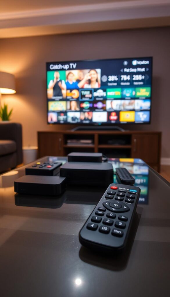 A living room setting with a couch, TV, and various IPTV streaming devices on a coffee table. The TV screen displays a user interface for a catch-up TV service, with a variety of shows and programs available for streaming. The lighting is warm and inviting, creating a comfortable atmosphere. In the foreground, a Hoxtoon Provider remote control is prominently displayed, hinting at the IPTV provider featured in the article. The overall scene conveys a sense of relaxation and ease of use when it comes to catching up on missed TV shows through an IPTV service.