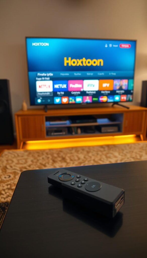 A living room setting with a cozy atmosphere, a Firestick device prominently displayed on a media console, accompanied by a remote control. In the background, a large flatscreen TV dominates the scene, displaying the "Hoxtoon Provider" IPTV interface. Warm lighting casts a soft glow, creating an inviting ambiance. The overall composition suggests the convenience and appeal of using IPTV on a Firestick for home entertainment.