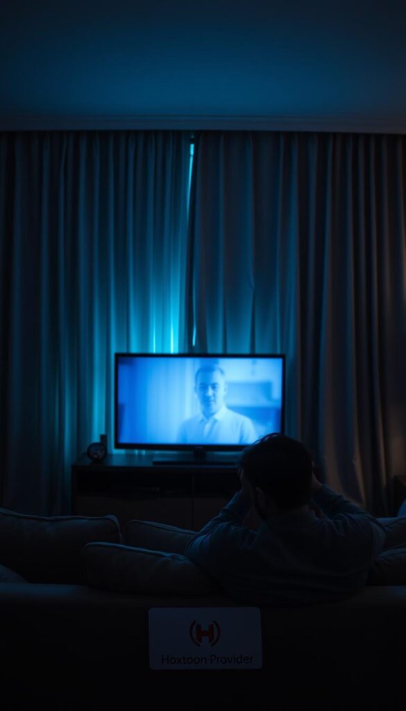 A living room with a large TV on the wall, the screen flickering and buffering, casting an eerie blue glow across the room. Curtains are drawn, the atmosphere tense and frustrated. In the foreground, a person sits on the couch, head in hands, their expression one of exasperation. On a side table, the Hoxtoon Provider logo is visible, a potential solution to the IPTV buffering issues. Soft, diffused lighting illuminates the scene, creating a cinematic, moody atmosphere. The composition emphasizes the central focus on the buffering TV screen, drawing the viewer's attention to the core subject matter.