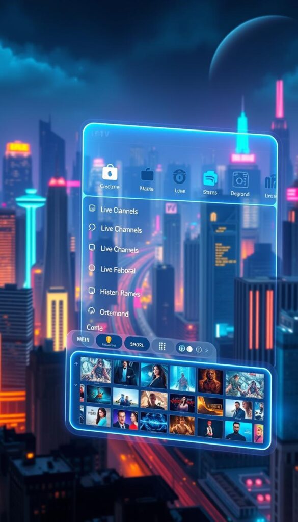 A lush, futuristic user interface for the Hoxtoon Provider IPTV platform. Sleek, holographic menus float against a backdrop of dynamic, neon-tinged cityscapes. The layout is intuitive, with clean lines and vivid, high-contrast icons that draw the eye. Soft ambient lighting casts a warm glow, creating a sense of depth and immersion. The interface responds fluidly to user inputs, with smooth transitions between screens. Holographic thumbnails showcase a vast library of live channels and on-demand content, inviting exploration. The overall aesthetic is both modern and elegant, reflecting the advanced capabilities of the Hoxtoon Provider service.