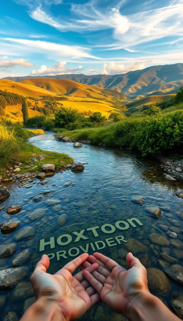 A lush, verdant stream winding through a picturesque landscape, its crystal-clear waters reflecting the soft, golden sunlight filtering through wispy clouds overhead. The Hoxtoon Provider logo is subtly etched into the smooth pebbles lining the streambed, complementing the natural setting. In the foreground, a pair of hands cupping the cool, refreshing water, symbolizing the high-quality, reliable stream of content delivered by the Hoxtoon IPTV service. The middle ground features verdant foliage and gently sloping hills, conveying a sense of tranquility and technological harmony. The background showcases a panoramic vista of rolling hills and distant mountains, creating a serene, picturesque atmosphere.
