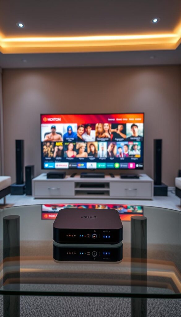 A luxurious entertainment hub with the Hoxtoon Provider premium IPTV service. In the foreground, a sleek black streaming device with glowing indicators sits atop a modern glass table. The middle ground showcases a vibrant 4K television screen displaying a diverse array of content options, from live sports to the latest blockbuster movies. In the background, a minimalist home theater setup with ambient lighting and high-end audio equipment creates an immersive viewing experience. The overall atmosphere exudes sophistication, technological advancement, and a sense of unlimited entertainment possibilities.