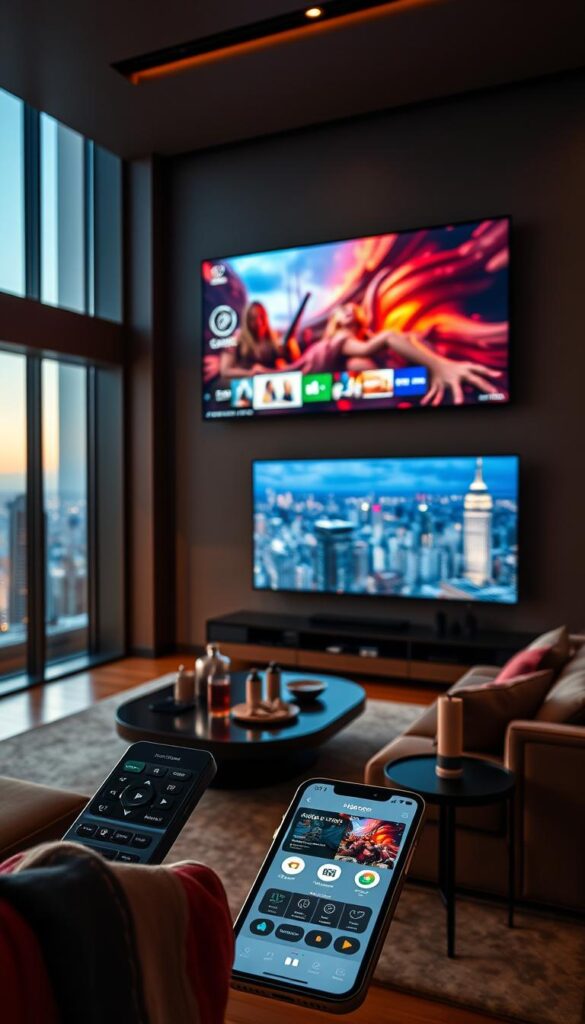 A luxurious living room with a large OLED TV mounted on the wall, showcasing the Hoxtoon Provider smart IPTV premium features. The room is dimly lit, creating a cozy and cinematic atmosphere. The TV displays vivid, high-quality video content, with a sleek and modern on-screen interface. In the foreground, a high-end remote control and a smartphone with the Hoxtoon Provider app are visible, highlighting the seamless integration of devices. The middle ground features a comfortable sofa and a coffee table with premium snacks and beverages, setting the stage for an immersive entertainment experience. The background features large windows overlooking a stunning cityscape, conveying a sense of luxury and exclusivity.