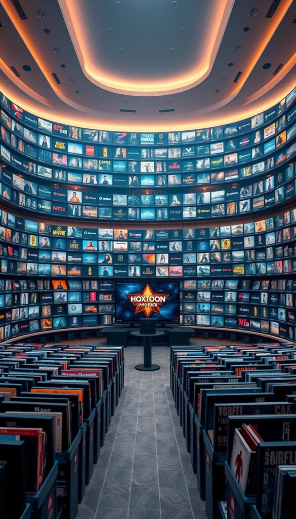 A majestic, sprawling content library of the Hoxtoon Provider, showcasing an abundance of entertainment options. In the foreground, rows of neatly organized streaming titles, each beckoning to be explored. The middle ground features a sleek, modern interface, inviting users to effortlessly navigate the vast collection. In the background, a warm, inviting ambiance with soft lighting and subtle details, creating a sense of comfort and accessibility. The overall composition conveys a feeling of expansive possibilities, where the viewer is immersed in the Hoxtoon Provider's vast, premium IPTV experience.
