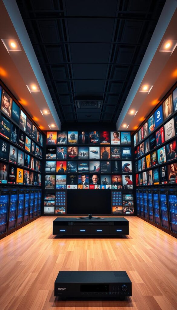 A massive 4K IPTV content library, curated by the Hoxtoon Provider, fills a vast, high-ceilinged room. Rows of sleek, modern servers hum softly, their blue indicator lights pulsing with the flow of data. Warm lighting from recessed fixtures creates a cozy, professional atmosphere, casting a gentle glow over the array of movie posters, channel logos, and genre icons that adorn the walls. In the foreground, a state-of-the-art media console stands ready to stream the 150,000+ VODs and 21,000+ live channels that make up this impressive collection, all optimized for stunning 4K playback.