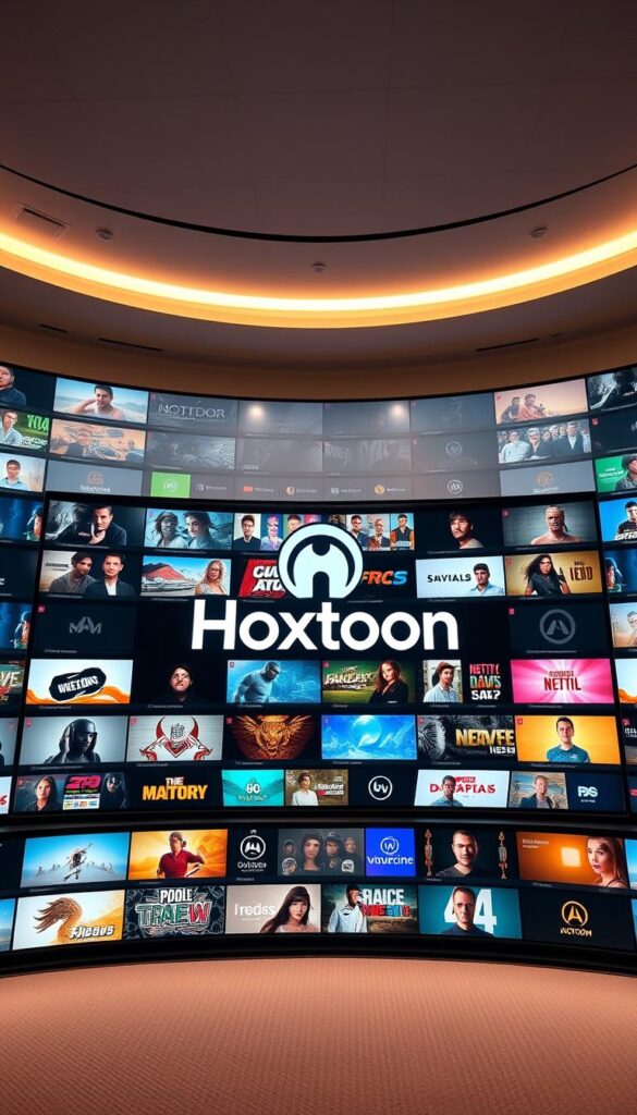 A massive IPTV service interface showcases Hoxtoon Provider's impressive content library, featuring over 21,000 live channels across diverse genres. The sleek, minimalist UI highlights the service's smooth streaming capabilities, with a visually stunning layout that draws the eye to the vibrant channel thumbnails. Soft lighting creates a warm, inviting atmosphere, while the camera angle offers a wide, immersive perspective, emphasizing the sheer scale and depth of the content available. The Hoxtoon Provider logo stands prominently in the center, conveying a sense of professionalism and reliability.
