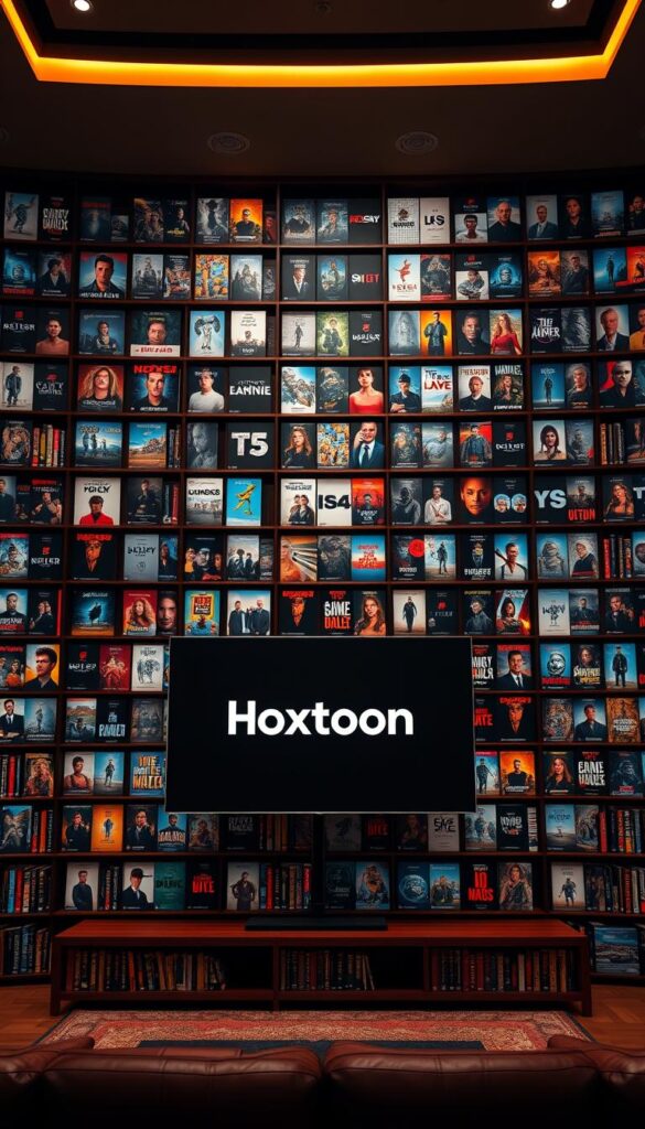 A massive and sleek Hoxtoon Provider VOD library, with row upon row of high-quality movie and TV show thumbnails spanning a wide range of genres. The scene is bathed in a warm, cinematic lighting, creating a cozy and inviting atmosphere. The library's shelves are neatly organized, with a modern and minimalist design aesthetic. In the foreground, a large flatscreen TV displays the Hoxtoon logo, showcasing the provider's branding. The middle ground features numerous thumbnails, each with a clear and vibrant visual representation of the content. The background is slightly blurred, emphasizing the main focus on the impressive VOD collection. The overall composition conveys a sense of abundance, quality, and the vast entertainment options available through the Hoxtoon Provider platform.
