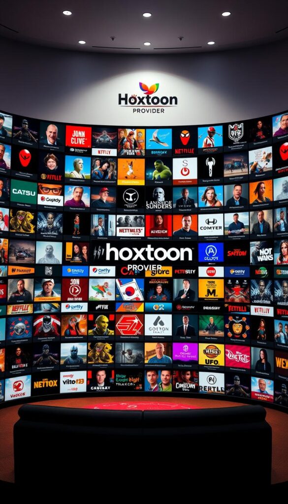 A massive content library, spanning a diverse array of genres and channels, displayed on a sleek and modern interface. Vibrant colors and clean lines create an inviting atmosphere, with the "Hoxtoon Provider" logo prominently featured. Subtle lighting and a sense of depth draw the viewer in, highlighting the breadth and depth of the available content. The overall scene conveys a sense of excitement and anticipation, as if the viewer is about to embark on a journey of endless entertainment options.