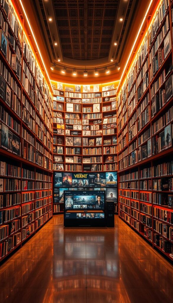 A massive digital library of cinematic delights, the HOXTOON VOD Collection stretches across 150,000+ movies and shows, a vast repository of entertainment curated by the Hoxtoon Provider. Bathed in a warm, cinematic glow, towering shelves of classic and contemporary titles beckon, inviting the viewer to immerse themselves in a boundless sea of visual splendor. The scene exudes a sense of wonder and discovery, with a sleek, modern design that evokes the premium quality of the Hoxtoon service. Anchored by a central display showcasing the breadth of the collection, this image captures the essence of Hoxtoon's unparalleled video-on-demand experience.