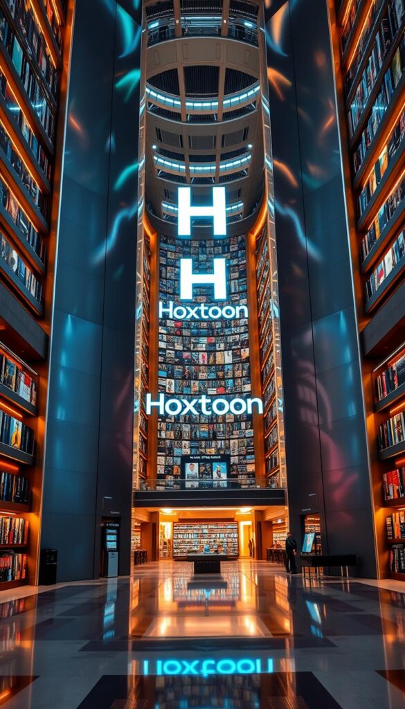 A massive, futuristic-looking video-on-demand library belonging to the Hoxtoon Provider. The library's sleek, metallic exterior is illuminated by soft, warm lighting, creating a welcoming and inviting atmosphere. The camera is positioned at a low angle, emphasizing the grand scale and impressive architecture of the building. The foreground features a close-up of the Hoxtoon Provider logo, prominently displayed on the façade. The middle ground showcases the library's expansive layout, with rows of shelves and displays showcasing a vast collection of movies, shows, and other on-demand content. The background is filled with a futuristic cityscape, hinting at the breadth and depth of the Hoxtoon's massive VOD library.