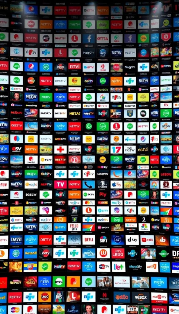 A massive grid of IPTV channel icons and logos, showcasing the extensive 21,000+ channel library of the Hoxtoon Provider. The foreground features a diverse array of channel categories and genres, each with its own distinct visual identity. The middle ground depicts a meticulously crafted mosaic of channel thumbnails, creating a sense of depth and complexity. The background is a sleek, minimalist gradient, allowing the channel icons to take center stage. The lighting is soft and evenly distributed, highlighting the vibrant colors and details of the channels. The overall composition conveys the sheer scale and variety of Hoxtoon's impressive IPTV offering, inviting the viewer to explore its expansive possibilities.
