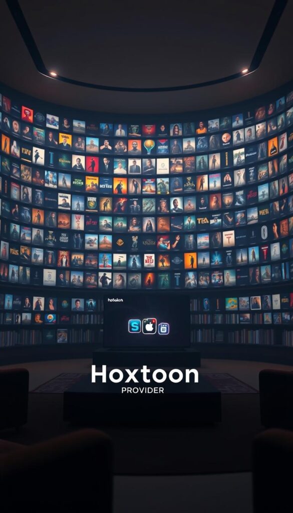 A massive media library floats in a serene, dimly-lit room. Sleek, premium interfaces display rows of movie and TV show covers, casting a warm glow. In the foreground, the Hoxtoon Provider logo shines, hinting at the vast, high-quality collection within. Subtle film grain and cinematic lighting set the tone, inviting the viewer to explore this immersive, on-demand video oasis. Sophisticated camera angles and depth of field draw the eye towards the expansive, expertly curated VOD selection - over 150,000 titles spanning genres and eras. This is a premium, gold-standard streaming experience, ready to elevate your home entertainment.