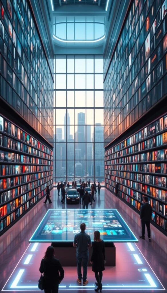 A massive, modern entertainment center with rows of sleek, backlit shelves displaying thousands of movie and TV show covers. The Hoxtoon Provider VOD Library, illuminated by soft, ambient lighting and surrounded by a futuristic, minimalist design. In the foreground, a large, holographic display showcases the vast selection, with categories and genres effortlessly navigable. The middle ground features people casually browsing the library, immersed in the digital interface. The background includes floor-to-ceiling windows overlooking a vibrant, cityscape. The overall atmosphere is one of technological sophistication, entertainment, and limitless content at the user's fingertips.