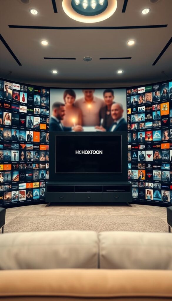 A massive, modern media center interface showcasing the extensive VOD library of Hoxtoon Provider. The foreground features rows of movie and TV show thumbnails, each with a high-quality poster and title, creating a visually striking and well-organized arrangement. The middle ground depicts a sleek, minimalist design with clean lines and a dark, sophisticated color palette, evoking a premium, cinematic atmosphere. The background subtly blurs into an out-of-focus view of a living room setting, suggesting the intended home environment for this vast on-demand entertainment hub. Bright, directional lighting from various angles highlights the content and user interface, lending a sense of depth and visual interest. The overall impression is one of a robust, professionally curated VOD library that caters to a wide range of tastes and preferences.