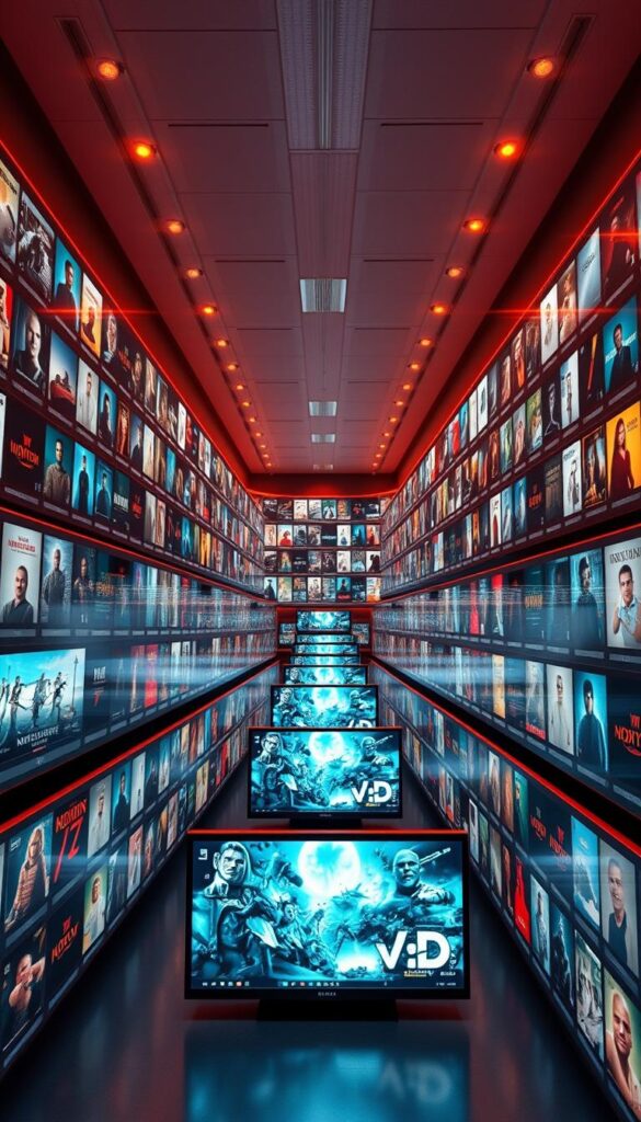 A massive virtual entertainment library with a sleek, modern interface. The Hoxtoon Provider VOD collection is displayed on multiple flat-screen monitors, bathed in a warm, cinematic lighting. Rows of movie and TV show thumbnails stretch into the distance, each one a gateway to a vast trove of on-demand content. The atmosphere is one of immersion and discovery, inviting the viewer to explore the breadth and depth of Hoxtoon's expansive media offerings. The overall composition suggests a seamless, user-friendly experience that caters to the viewer's every entertainment need.