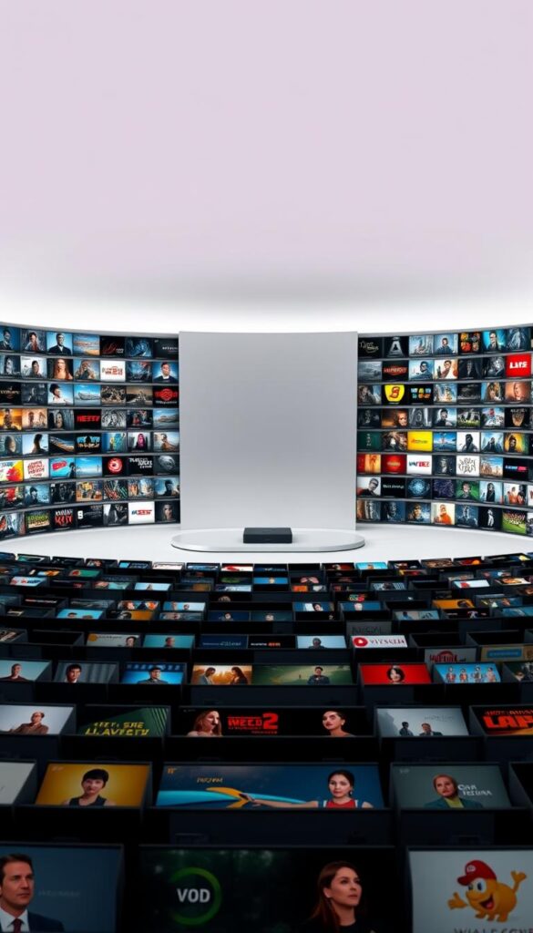 A massive, well-organized IPTV VOD library, centered around a sleek, minimalist collection display. In the foreground, rows of crisp, high-definition video thumbnails arranged with precision, showcasing Hoxtoon Provider's vast 150,000+ title collection. The middle ground features an elegant, understated interface, drawing the eye towards the content. The background is a soft, muted gradient, creating a sense of depth and focus. Lighting is natural and diffused, highlighting the vibrant colors and details of the video covers. The overall mood is one of refinement, accessibility, and the sheer scale of Hoxtoon Provider's VOD offering.