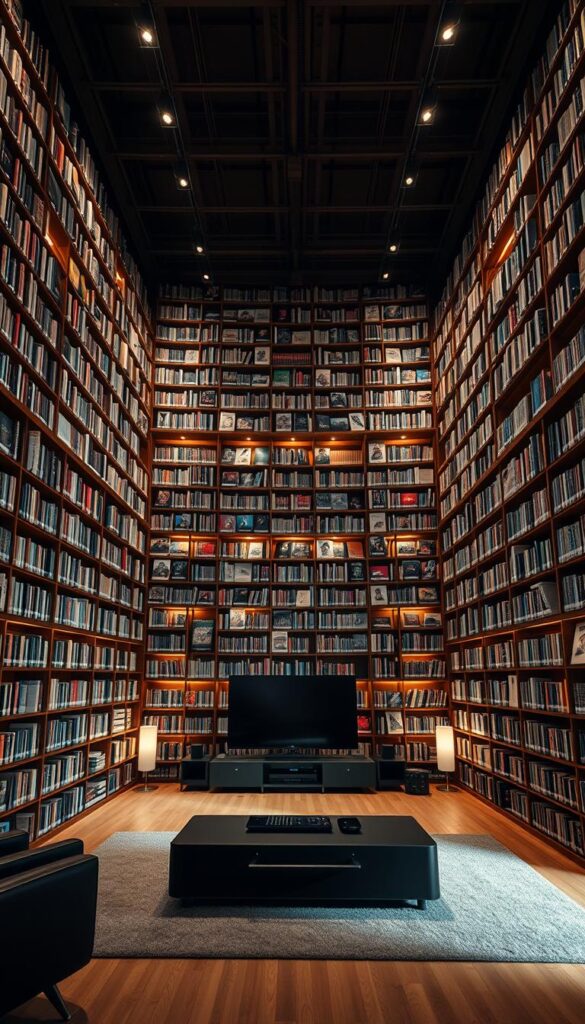 A massive, well-organized library of over 150,000 video-on-demand titles, curated by the Hoxtoon Provider for endless entertainment. The interior is expansive, with towering shelves lining the walls, filled with a diverse selection of movies, TV shows, and documentaries. Warm, soft lighting casts a cozy glow, inviting viewers to explore the vast collection. In the center, a sleek, modern media console houses the latest streaming technology, seamlessly integrating the Hoxtoon experience. The overall atmosphere is one of sophistication and abundance, reflecting the high-quality content and services offered by the Hoxtoon Provider.