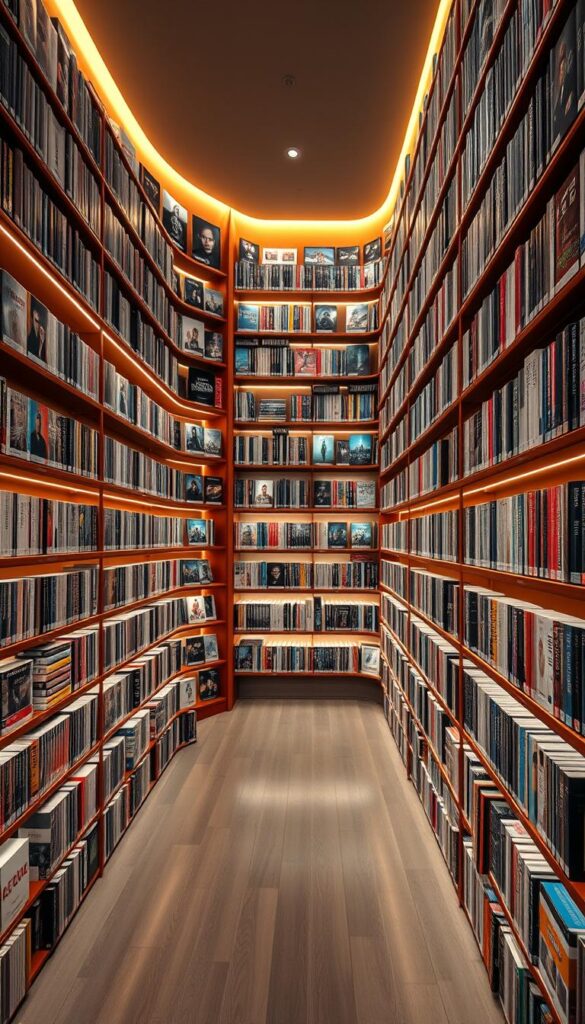 A massive, well-organized video-on-demand library filled with a diverse array of movies, TV shows, and documentaries, showcasing the extensive content catalog of the Hoxtoon Provider. The shelves are neatly arranged, with a warm, inviting lighting that illuminates the vast collection. The space has a sleek, modern design with clean lines and minimalist accents, creating a visually appealing and immersive experience. The camera captures the library from a slightly elevated angle, highlighting the depth and scale of the content available. The overall atmosphere is one of abundance, quality, and a sense of endless entertainment options for the viewer.