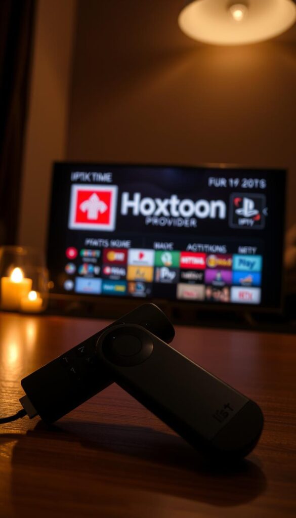 A meticulously crafted close-up view of a Firestick device in a dimly lit room, showcasing the Hoxtoon Provider logo prominently displayed on the device's interface. The screen displays a diverse selection of IPTV channels, with a sleek and intuitive user interface. The scene is illuminated by warm, soft lighting, creating a cozy and inviting atmosphere. The Firestick is positioned on a wooden surface, with a subtle blurred background that suggests a home entertainment setup. The overall composition conveys the ease and convenience of setting up and configuring the Hoxtoon IPTV service on the Firestick device.