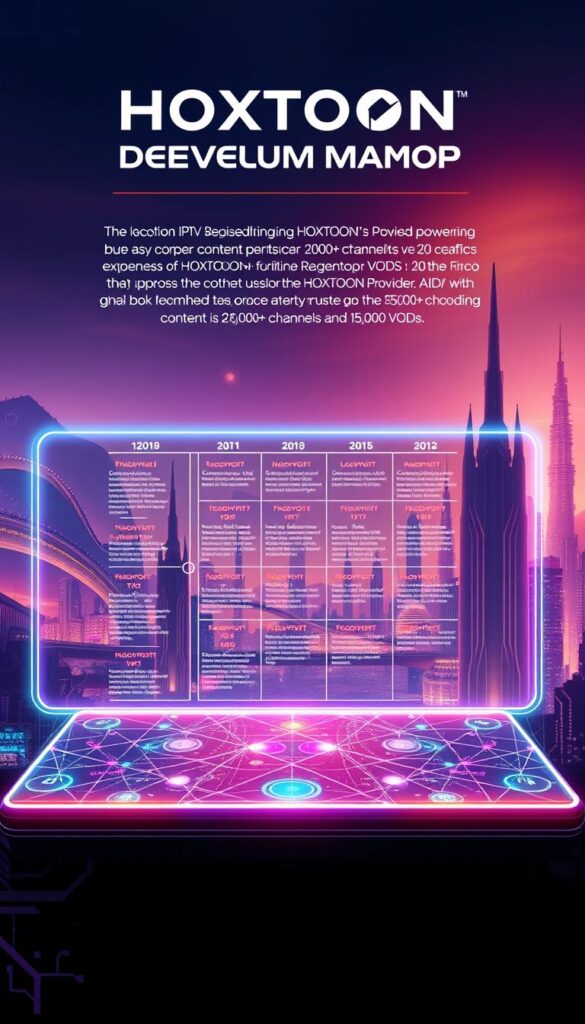 A meticulously designed, futuristic digital landscape depicting the HOXTOON IPTV Development Roadmap. In the foreground, a sleek, holographic interface showcases a comprehensive timeline of upcoming HOXTOON Provider features and enhancements, rendered in a vibrant, neon-infused color palette. The middle ground features a network of interconnected digital nodes, representing the robust infrastructure powering HOXTOON's expansive content ecosystem of 21,000+ channels and 150,000+ VODs. In the background, a stunning cityscape of towering, techno-organic structures, bathed in a warm, cinematic lighting, symbolizes the future-facing vision of HOXTOON Provider.