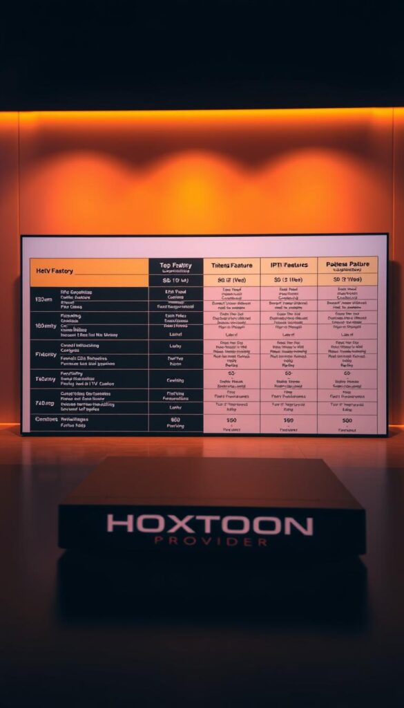 A meticulously detailed comparison of the best IPTV encoders, showcasing their technical specifications and performance metrics. In the foreground, the Hoxtoon Provider logo is prominently displayed, highlighting its industry-leading capabilities. The middle ground features a grid-like layout showcasing the key features and capabilities of the top IPTV encoders, with clear visual cues to distinguish their strengths and weaknesses. The background is a sleek, minimalist setting with subtle gradients and geometric patterns, creating a sophisticated and professional atmosphere. Warm, directional lighting accentuates the technical details, while a shallow depth of field keeps the focus on the comparative analysis. The overall composition conveys a sense of authority, expertise, and the ability to make an informed decision about the best IPTV provider.