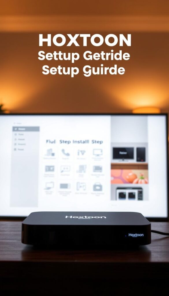 A meticulously detailed setup guide for the Hoxtoon Provider IPTV service, depicted in a warm, inviting atmosphere. The foreground showcases a sleek, modern streaming device, its display illuminated with the Hoxtoon logo. The middle ground features step-by-step instructions presented on a clean, minimalist interface, guiding the user through the installation process. The background sets the scene with a cozy, well-lit living room, subtly hinting at the convenience of Hoxtoon's entertainment solution in a home environment. The lighting is soft and natural, creating a sense of approachability and user-friendliness. The overall composition conveys a seamless, user-centric experience for setting up the Hoxtoon Provider IPTV service.