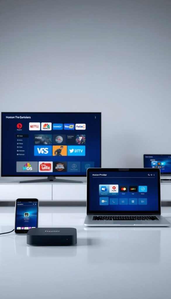 A meticulously rendered scene showcasing the Hoxtoon Provider IPTV service being set up on a variety of contemporary devices. In the foreground, a sleek smart TV, a modern smartphone, and a high-end streaming box are prominently displayed, each with the Hoxtoon Provider interface seamlessly integrated. The middle ground features a laptop and a tablet, also running the Hoxtoon Provider app, creating a cohesive ecosystem. The background is a minimalist, well-lit setting, allowing the devices to take center stage. The overall composition is visually striking, highlighting the versatility and user-friendly nature of the Hoxtoon Provider IPTV solution across multiple platforms.