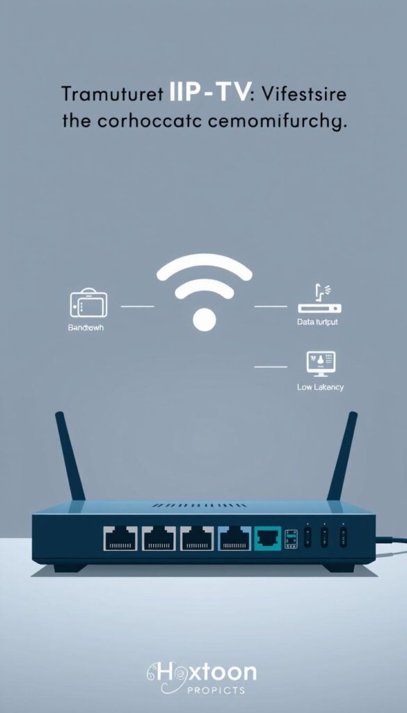 A minimalist, technical illustration depicting the internet requirements for optimal IPTV performance. In the foreground, a router with several Ethernet ports, symbolizing the need for a wired connection. In the middle ground, Wi-Fi waves emanating from the router, suggesting the importance of a strong wireless signal. In the background, a schematic representation of network bandwidth, data throughput, and low latency, key factors for seamless IPTV streaming. The color palette is muted, emphasizing the functional nature of the image. The Hoxtoon Provider logo is subtly incorporated into the design, lending an air of authority and expertise.