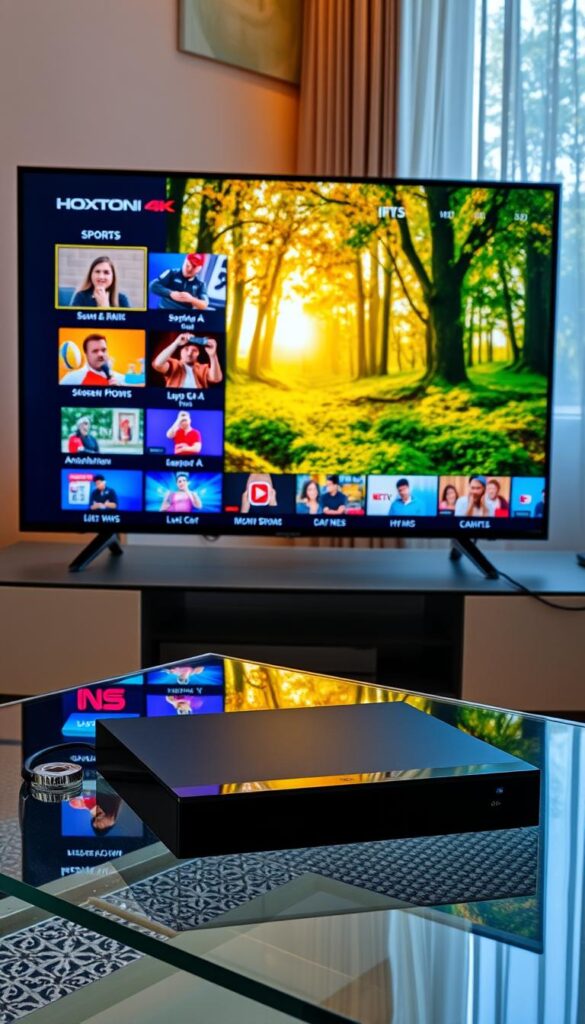 A modern 4K IPTV streaming setup with the Hoxtoon Provider's 21,000+ channel lineup. Sleek black cable box on a glass table, connected to a large ultra-high definition TV displaying a vibrant nature scene. Warm lighting from a nearby window illuminates the scene, creating a cozy and immersive viewing experience. The screen shows a diverse selection of channels, from live news to sports to entertainment, all in stunning 4K resolution. The overall atmosphere conveys the vast content choices and exceptional visual quality of the Hoxtoon IPTV service.