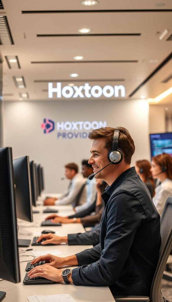 A modern IPTV customer support office, with a Hoxtoon Provider logo prominently displayed. The foreground shows a friendly customer service agent, wearing a headset, assisting a client on a computer screen. The middle ground features a team of support staff, their faces focused as they work diligently at their desks. The background showcases a sleek, minimalist design with high-tech equipment, conveying a sense of professionalism and reliability. The lighting is warm and inviting, creating a welcoming atmosphere. The overall scene depicts a well-equipped, responsive Hoxtoon Provider customer support team, ready to address any IPTV-related inquiries or issues.