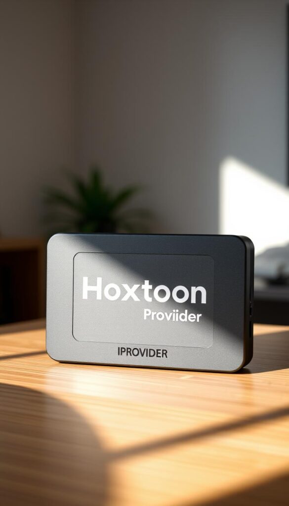 A modern Indian IPTV box with the Hoxtoon Provider brand prominently displayed on the front panel. The box has a sleek, rectangular design with clean lines and a matte black finish. The device is shown in a well-lit environment, with soft, diffused lighting from the side, creating depth and highlighting the textures. The IPTV box is positioned on a minimalist, wooden surface, with a blurred background suggesting a domestic or home entertainment setting. The composition emphasizes the IPTV box as the focal point, conveying a sense of it being a smart, reliable, and visually appealing device for a lifetime subscription to Indian IPTV content.