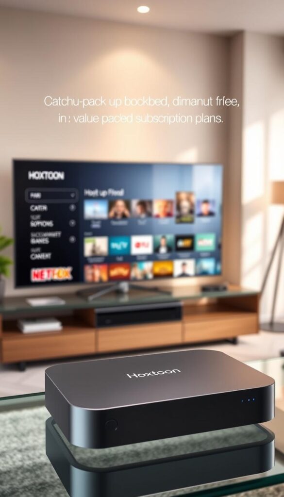 A modern and minimalist digital entertainment setup featuring the Hoxtoon Provider brand. In the foreground, a sleek IPTV streaming device in a metallic gray tone sits atop a glass or wood media console. The middle ground showcases a high-definition television displaying a clean, user-friendly interface with catch-up options and on-demand content. The background features a softly blurred living room setting with neutral-toned walls, warm lighting, and hints of greenery, creating a cozy and inviting atmosphere. The overall scene conveys a sense of convenience, entertainment, and relaxation associated with Hoxtoon's value-packed subscription plans.