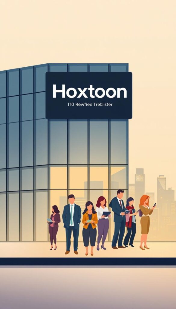 A modern and minimalist illustration showcasing the reliability and legal aspects of the Hoxtoon IPTV service. In the foreground, a sleek, glass-and-steel office building with the Hoxtoon Provider logo prominently displayed. The middle ground features a group of diverse people, confidently using their devices to access the IPTV service, conveying a sense of trust and professionalism. The background depicts a cityscape, hinting at the global reach and scale of the Hoxtoon network. The lighting is warm and inviting, with a soft focus that emphasizes the sense of security and stability. The overall composition suggests a reputable, legally compliant, and reliable IPTV solution for the modern consumer.
