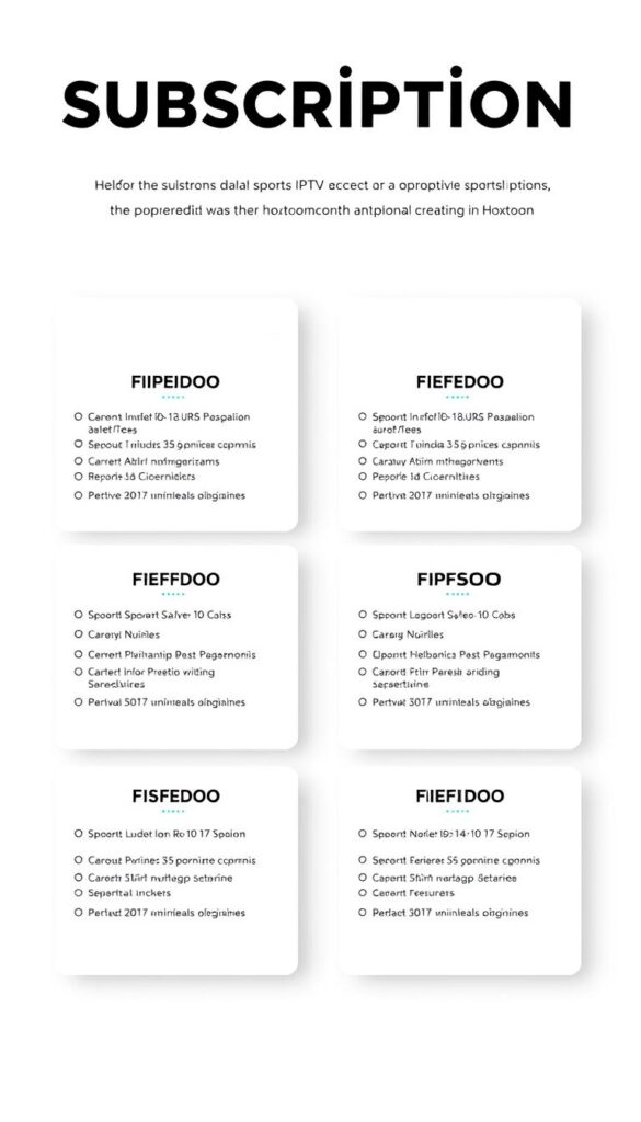 A modern and minimalist image showcasing the various subscription plans offered by the Hoxtoon Provider for sports IPTV services. The image should have a clean, crisp layout with a white or light-colored background, allowing the plan details to stand out. Depict the plan options as distinct tiles or cards, each featuring the plan name, a brief description, and the corresponding pricing information. Use a consistent visual style and typography to create a cohesive and professional-looking design. Incorporate subtle graphic elements, such as simple icons or shapes, to enhance the overall aesthetic without distracting from the core content. The image should convey a sense of reliability, value, and the wide range of options available to potential Hoxtoon subscribers.