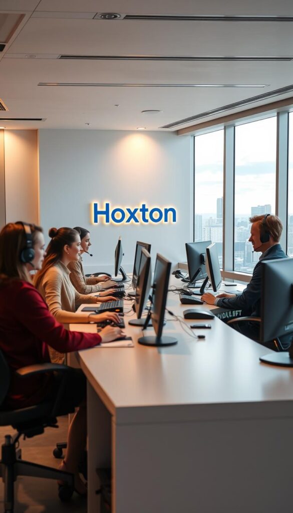 A modern and professional customer support desk for the Hoxtoon Provider, a leading IPTV service in the USA. The scene depicts a spacious and well-lit office space, with a sleek, minimalist design. In the foreground, a team of friendly and knowledgeable support agents are seated at their desks, engaging with customers over headsets and computer screens. The middle ground showcases the Hoxtoon branding prominently displayed on the wall behind the agents, reinforcing the company's identity. The background features an expansive skyline visible through large windows, conveying a sense of openness and professionalism. Warm, directional lighting illuminates the scene, creating a welcoming and approachable atmosphere for the Hoxtoon customer support experience.