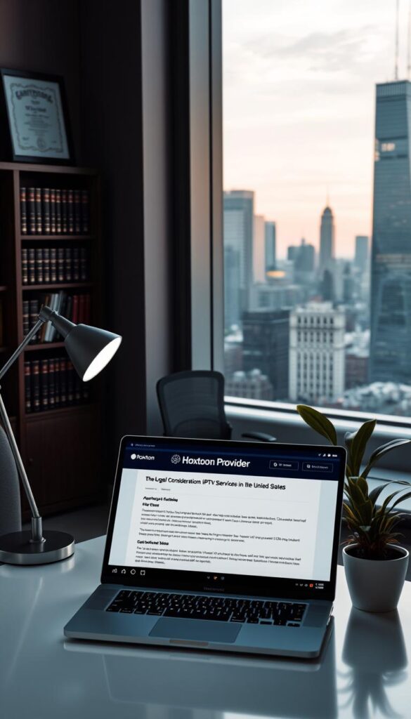 A modern and professional office setting, with a large window overlooking a bustling city skyline. In the foreground, a sleek and minimalist workspace featuring a laptop, a stylish desk lamp, and a potted plant. On the laptop screen, a web page titled "Hoxtoon Provider" is prominently displayed, highlighting the legal considerations for IPTV services in the United States. The middle ground features a bookshelf filled with law books and a framed certificate on the wall, conveying a sense of authority and expertise. The background is softly lit, creating a warm and inviting atmosphere, with subtle hints of the cityscape outside. The overall scene exudes a professional and trustworthy vibe, reflecting the legal and regulatory aspects of the IPTV industry.