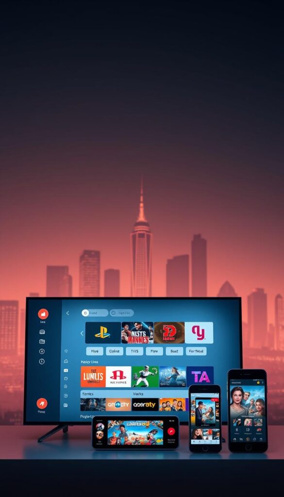 A modern and sleek IPTV provider interface displayed on a variety of devices, including a smart TV, tablet, and smartphone. The foreground showcases the "Hoxtoon Provider" brand logo and user-friendly menus, while the middle ground features a diverse selection of live TV channels and on-demand content. The background depicts a stylized, minimalist cityscape with a neon-lit skyline, conveying a sense of urban sophistication. The lighting is a balanced combination of warm and cool tones, creating a visually appealing and immersive experience. The overall mood is one of technological advancement, connectivity, and the seamless integration of entertainment across multiple platforms.