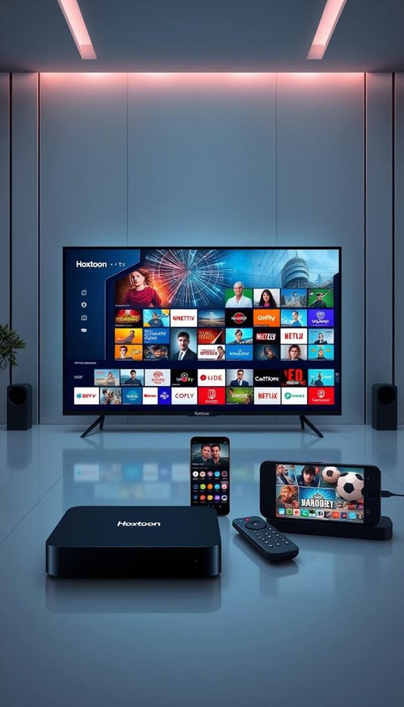 A modern and sleek IPTV provider interface, showcasing the Hoxtoon Provider brand. In the foreground, a high-resolution TV screen displays a vast array of live TV channels and on-demand content. The middle ground features various devices, such as a smartphone, tablet, and streaming box, all connected to the Hoxtoon service. The background is a minimalist, techno-inspired environment with clean lines and subtle lighting, creating a sense of sophistication and innovation. The overall scene conveys the expansive content library, multi-platform accessibility, and premium quality of the Hoxtoon IPTV provider.