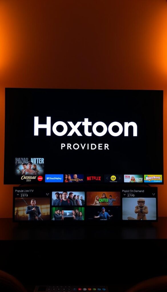 A modern and sleek IPTV service interface with the prominent "Hoxtoon Provider" logo displayed prominently on a dark, minimalist background. The interface showcases a clean grid of popular live TV channels and on-demand content, with intuitive navigation controls. The overall design conveys a sense of professionalism, reliability, and user-friendliness. Warm lighting from the sides casts a subtle glow, creating a premium, high-quality feel. The composition is balanced, with the Hoxtoon branding as the central focus, surrounded by the engaging media content. The image should inspire trust and confidence in the Hoxtoon IPTV service for Firestick users.