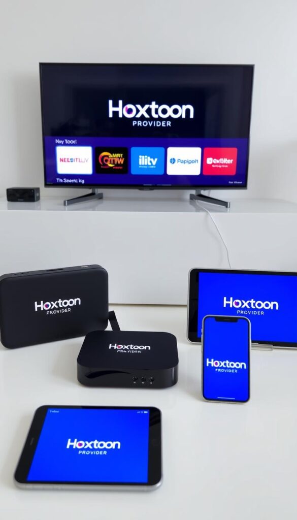 A modern and sleek arrangement of various IPTV devices, including a smart TV, streaming box, smartphone, and tablet, all prominently displaying the Hoxtoon Provider logo. The devices are arranged in a visually appealing manner, showcasing their compatibility and the ease of accessing the Hoxtoon streaming service across multiple platforms. The scene is well-lit, with a clean and minimalist background that allows the devices to take center stage. The overall atmosphere conveys a sense of technology, convenience, and the versatility of the Hoxtoon IPTV solution.