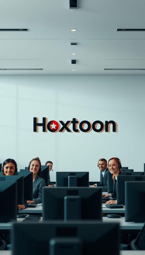 A modern and sleek customer support center for the Hoxtoon Provider IPTV service. The foreground features a team of friendly, attentive customer service representatives, each with a headset and workstation, ready to assist clients. The middle ground showcases the Hoxtoon logo and branding prominently displayed, conveying the company's professionalism and commitment to its customers. The background depicts a minimalist office environment with large windows allowing natural light to flood the space, creating a warm and welcoming atmosphere. The lighting is soft and diffused, complementing the soothing color palette of blues and grays. The overall scene radiates a sense of efficiency, reliability, and a dedication to providing top-notch support for Hoxtoon's valued IPTV subscribers.