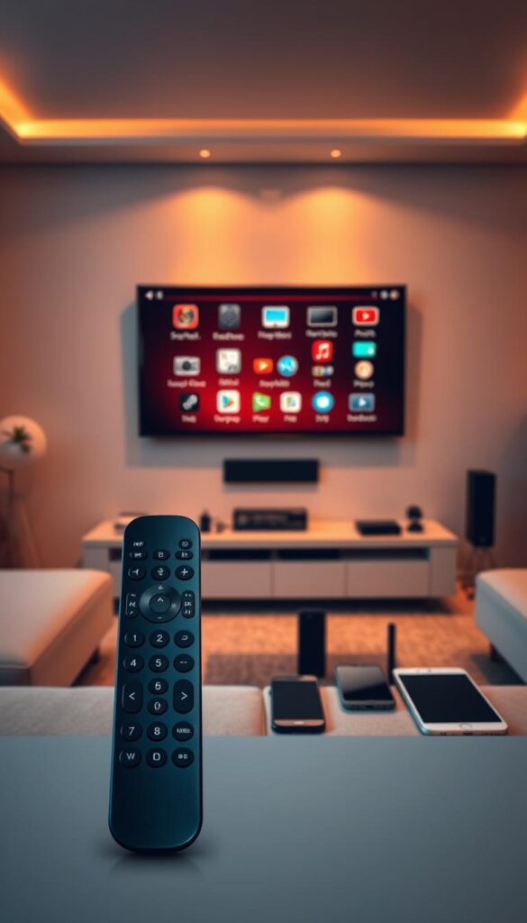 A modern and sleek living room interior, with a large flat-screen TV mounted on the wall. On the TV screen, multiple device icons are displayed, representing the seamless multi-device streaming capabilities of the Hoxtoon Provider service. The room is bathed in warm, ambient lighting, creating a cozy and inviting atmosphere. In the foreground, a high-end remote control is prominently placed, symbolizing the intuitive user experience. The middle ground features various smart devices, such as smartphones and tablets, showcasing the versatility of the Hoxtoon Provider service across multiple platforms. The background showcases a clean, minimalist design aesthetic, emphasizing the advanced technology and seamless integration of the Hoxtoon Provider streaming solution.
