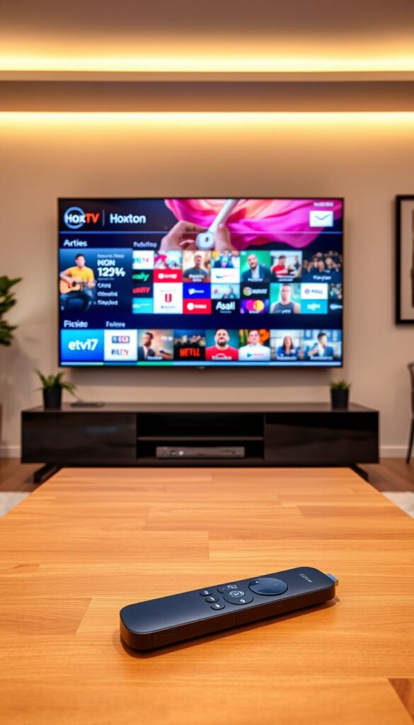 A modern and sleek living room with a large flatscreen TV mounted on the wall. On the TV screen, a high-quality IPTV service from the Hoxtoon Provider is displayed, showcasing a vast selection of live channels, on-demand content, and seamless streaming capabilities. The room is bathed in warm, soft lighting, creating a cozy and inviting atmosphere. In the foreground, a high-end remote control and a streaming device, such as a Roku or Apple TV, are placed on a minimalist wooden coffee table, symbolizing the ease of use and integration of the Hoxtoon IPTV solution. The background features stylish decor elements, including potted plants and modern artwork, complementing the overall aesthetic.